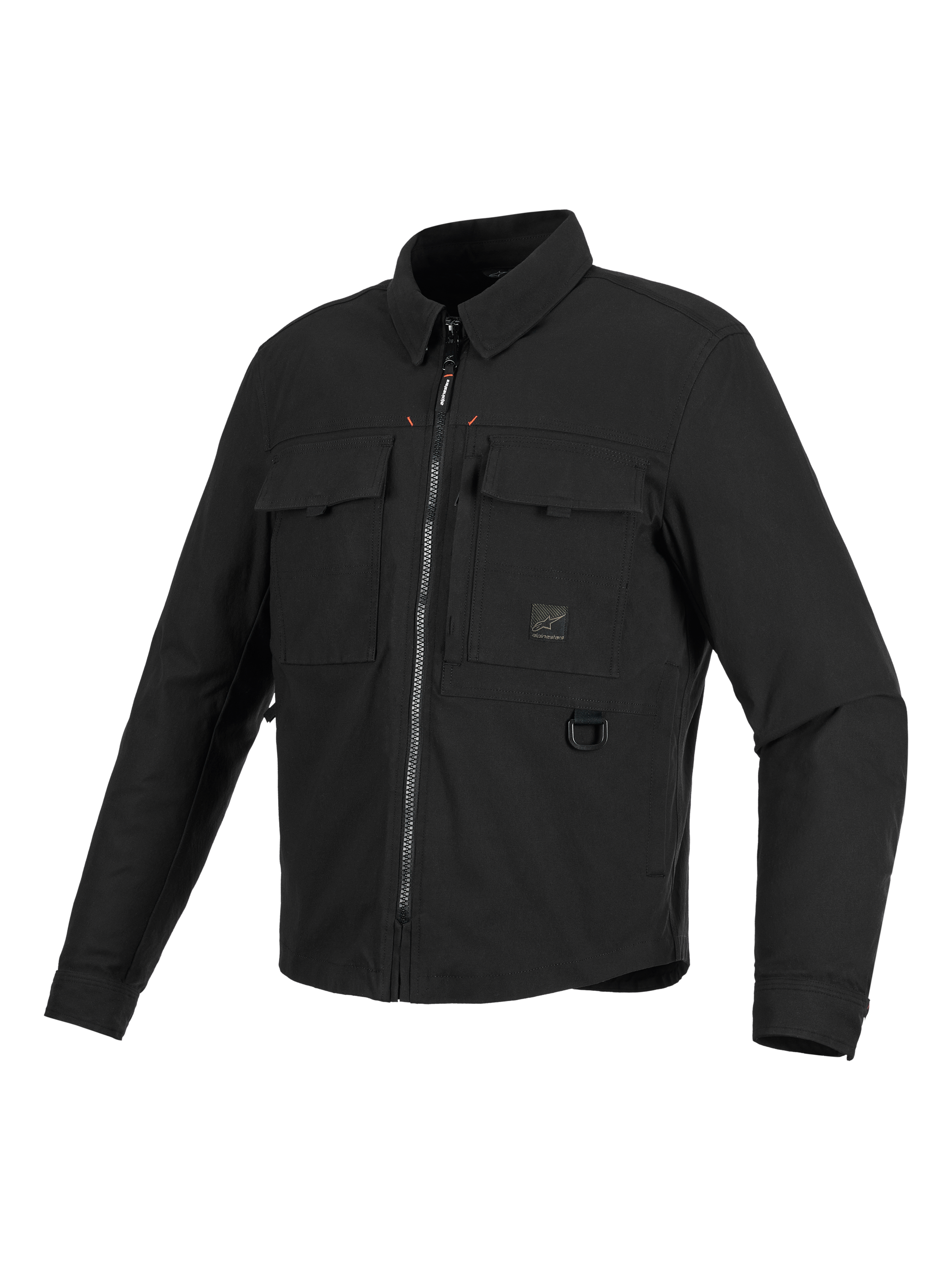 Alpinestars Bryon Water Resistant Overshirt, Black Motorcycle Jacket, three-quarter front view, workwear-inspired design featuring chest cargo pockets, metal D-ring, and front zipper, durable waxed canvas texture.