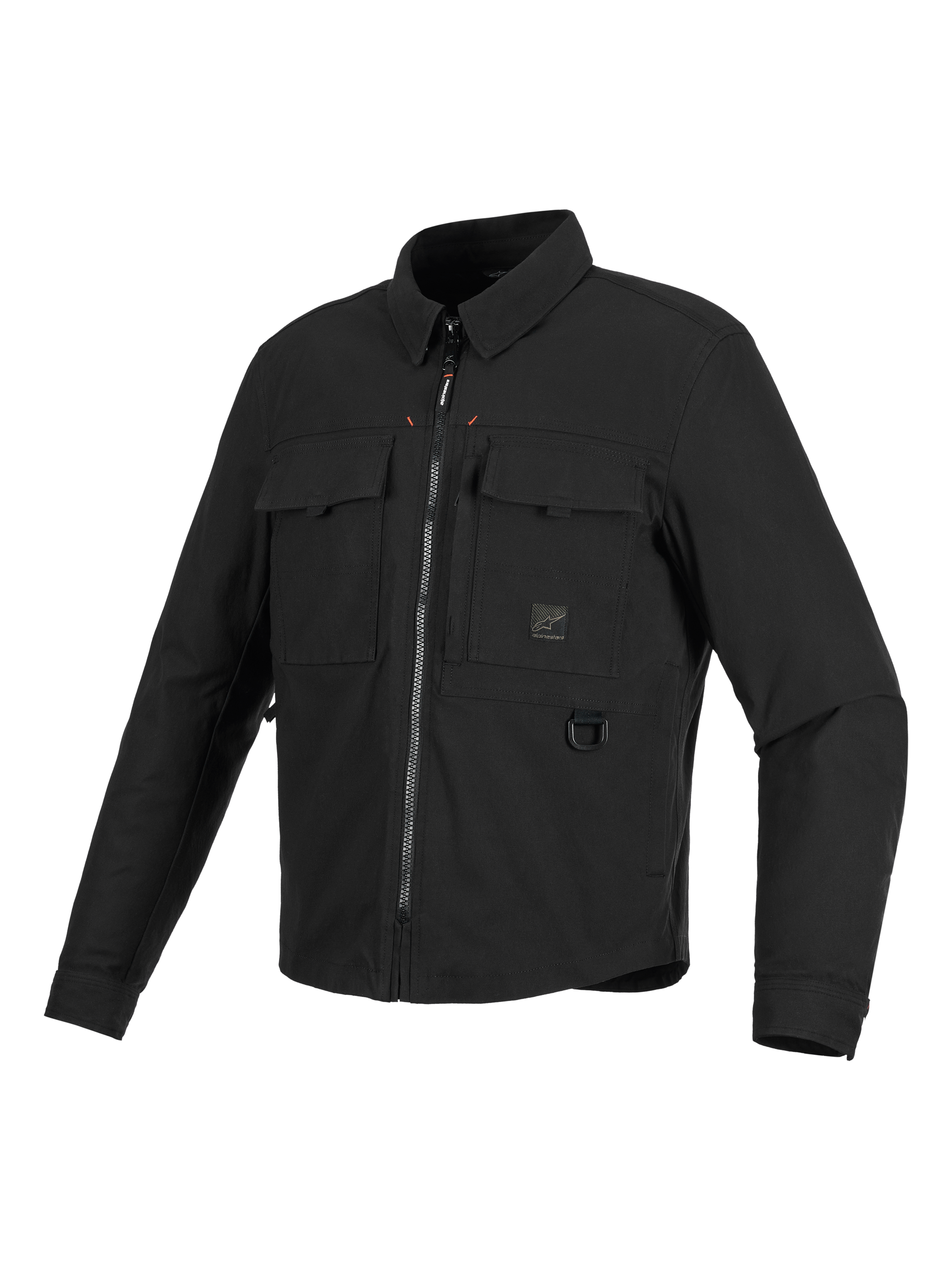 Alpinestars Bryon Water Resistant Overshirt, Black Motorcycle Jacket, three-quarter front view, workwear-inspired design featuring chest cargo pockets, metal D-ring, and front zipper, durable waxed canvas texture.