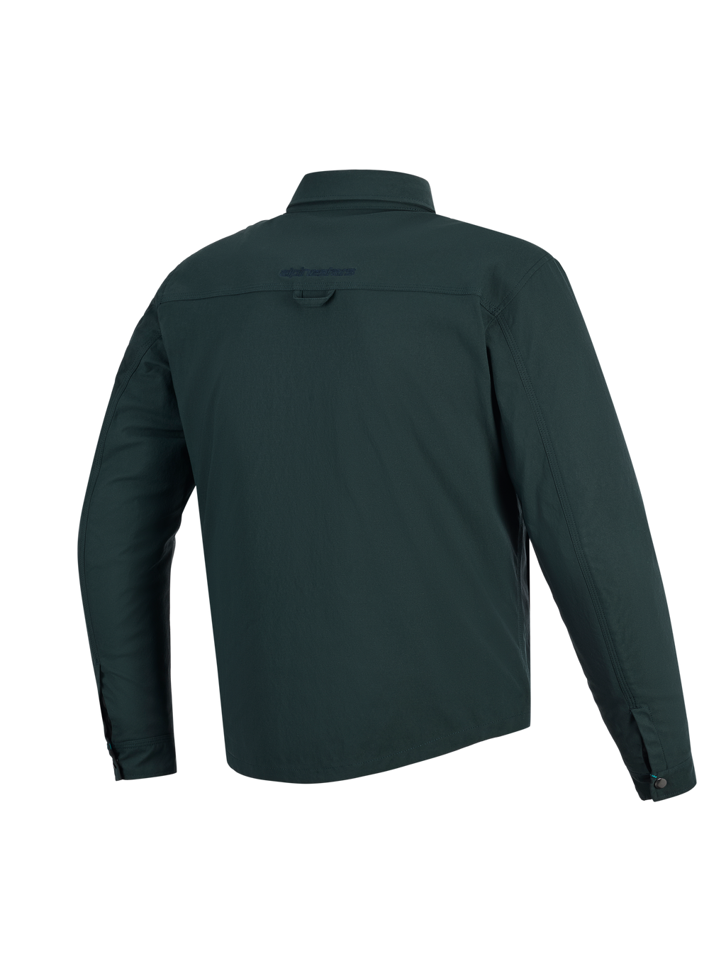 Alpinestars Bryon Water Resistant Overshirt, Dark Emerald, achteraanzicht, waterbestendige motorjas van gewaxt canvas, voorzien van geborduurd logo op de bovenrug, ophanglus op de rug en een langer rugprofiel voor extra dekking