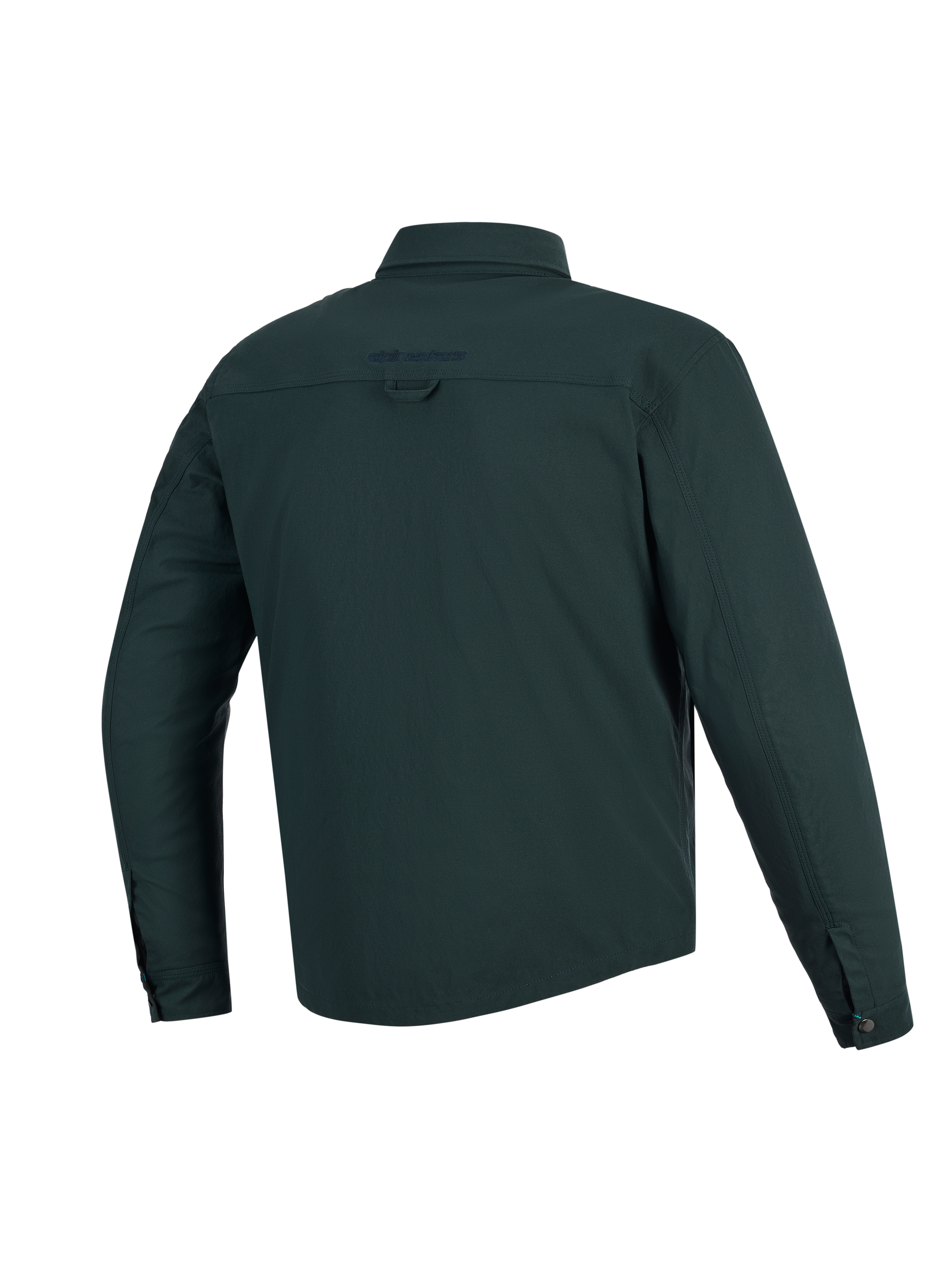 Alpinestars Bryon Water Resistant Overshirt, Dark Emerald, achteraanzicht, waterbestendige motorjas van gewaxt canvas, voorzien van geborduurd logo op de bovenrug, ophanglus op de rug en een langer rugprofiel voor extra dekking