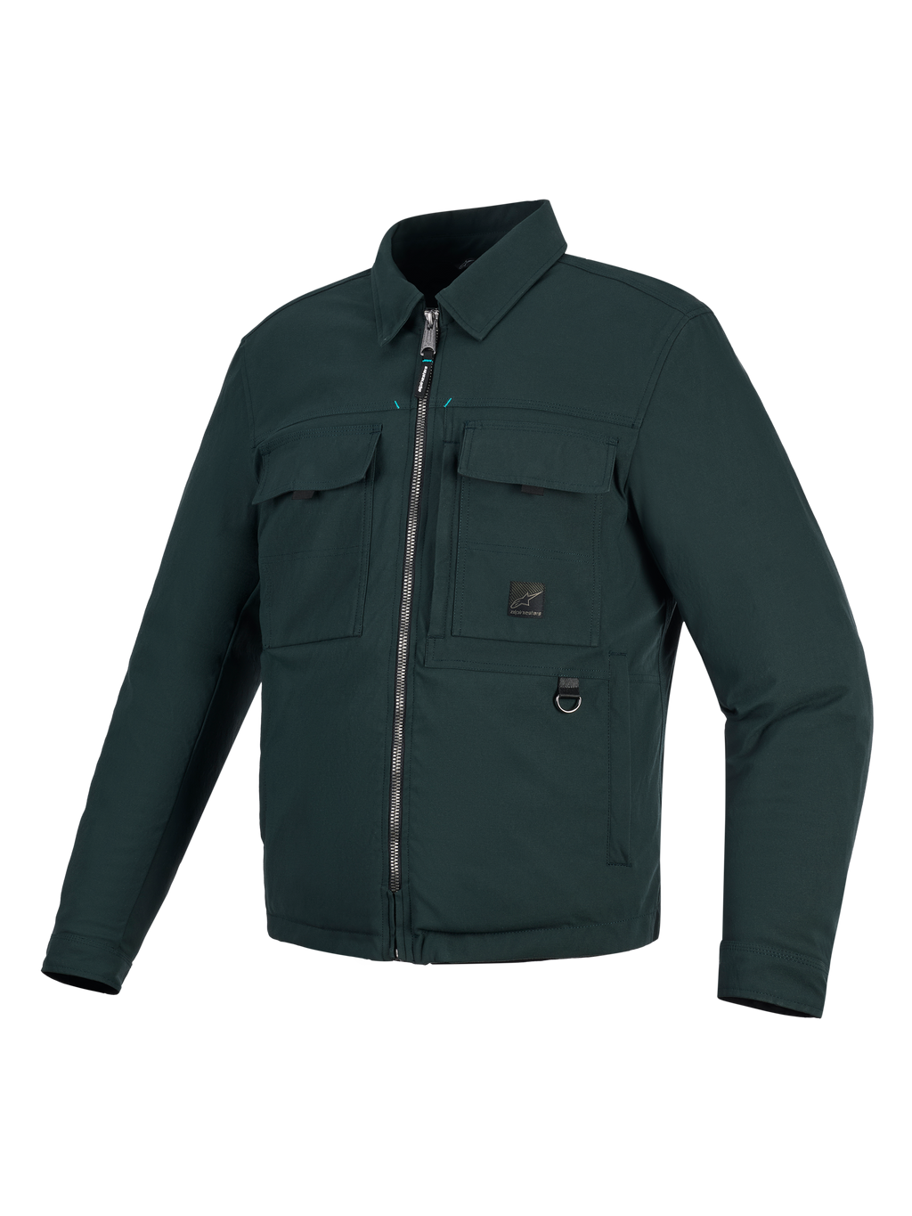 Alpinestars Bryon Water Resistant Overshirt, motorjas, donker emerald groen, op workwear geïnspireerd ontwerp van gewaxt canvas, twee cargozakken op de borst, metalen D-ring en een ritssluiting over de volledige lengte aan de voorzijde.