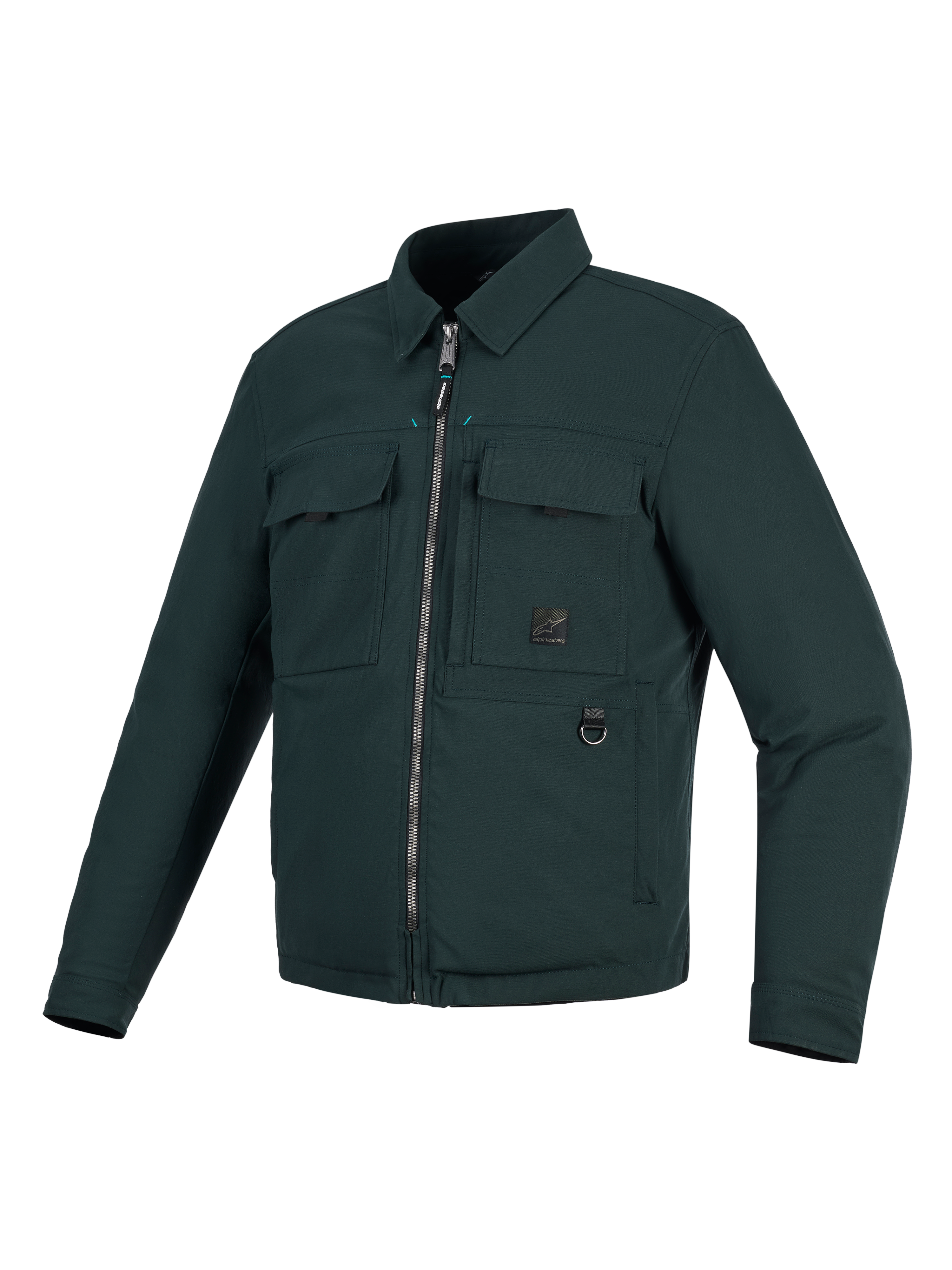 Alpinestars Bryon Water Resistant Overshirt, motorjas, donker emerald groen, op workwear geïnspireerd ontwerp van gewaxt canvas, twee cargozakken op de borst, metalen D-ring en een ritssluiting over de volledige lengte aan de voorzijde.