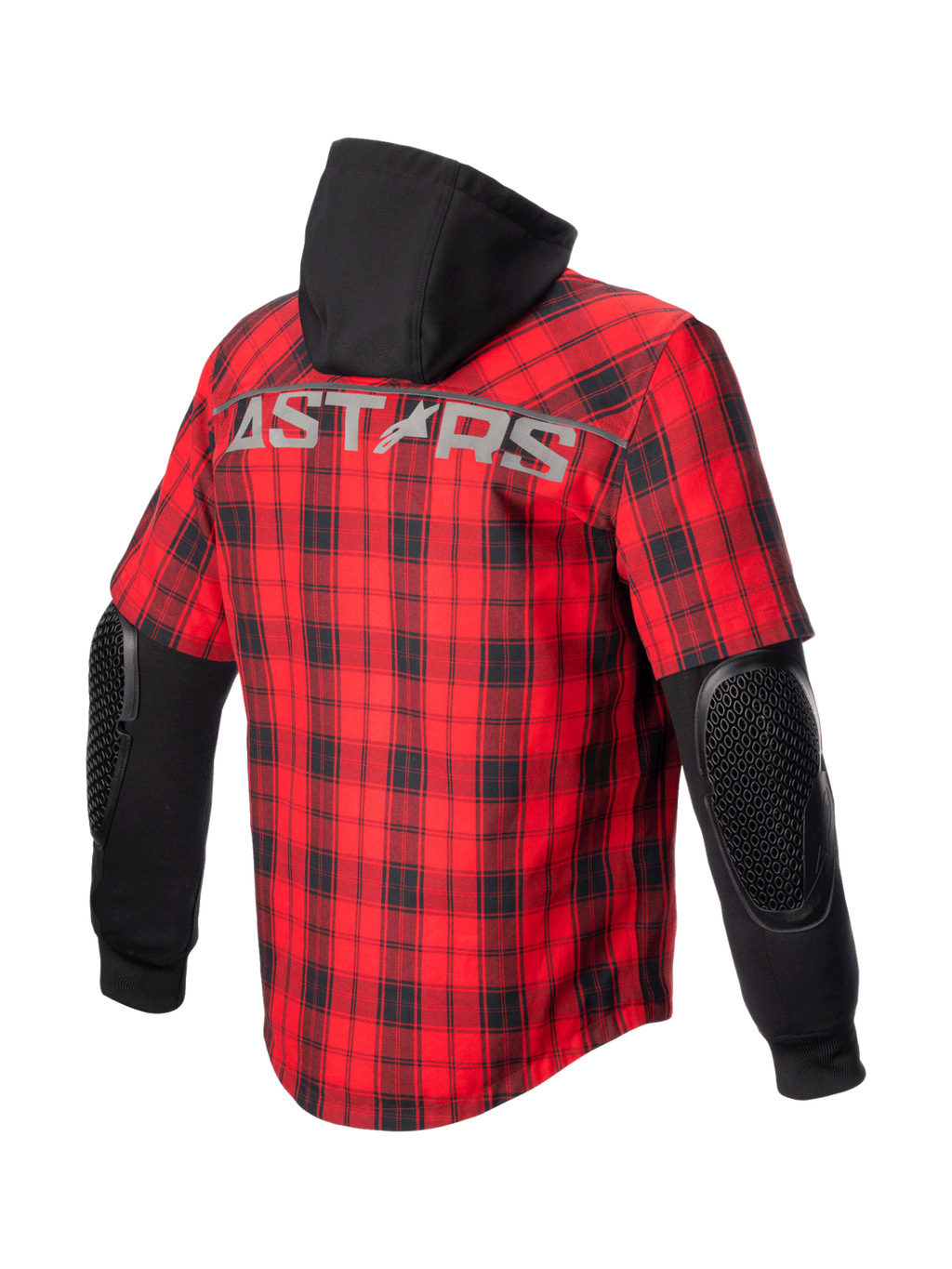 Alpinestars MO.ST.EQ Tartan Shirt, rood-zwarte urban motorjas voor heren met zichtbare elleboogbescherming en vaste capuchon.