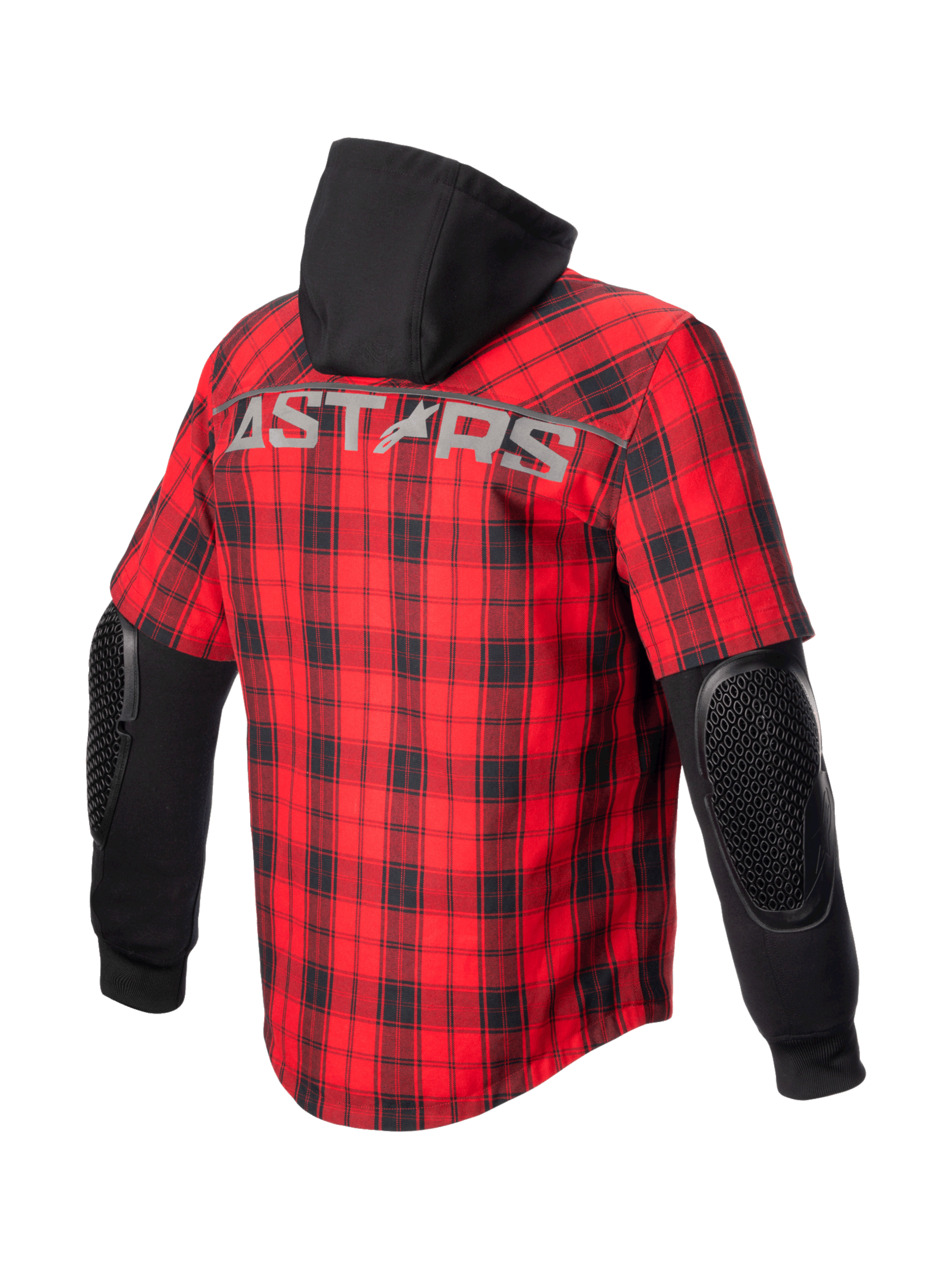 Alpinestars MO.ST.EQ Tartan Shirt, rood-zwarte urban motorjas voor heren met zichtbare elleboogbescherming en vaste capuchon.