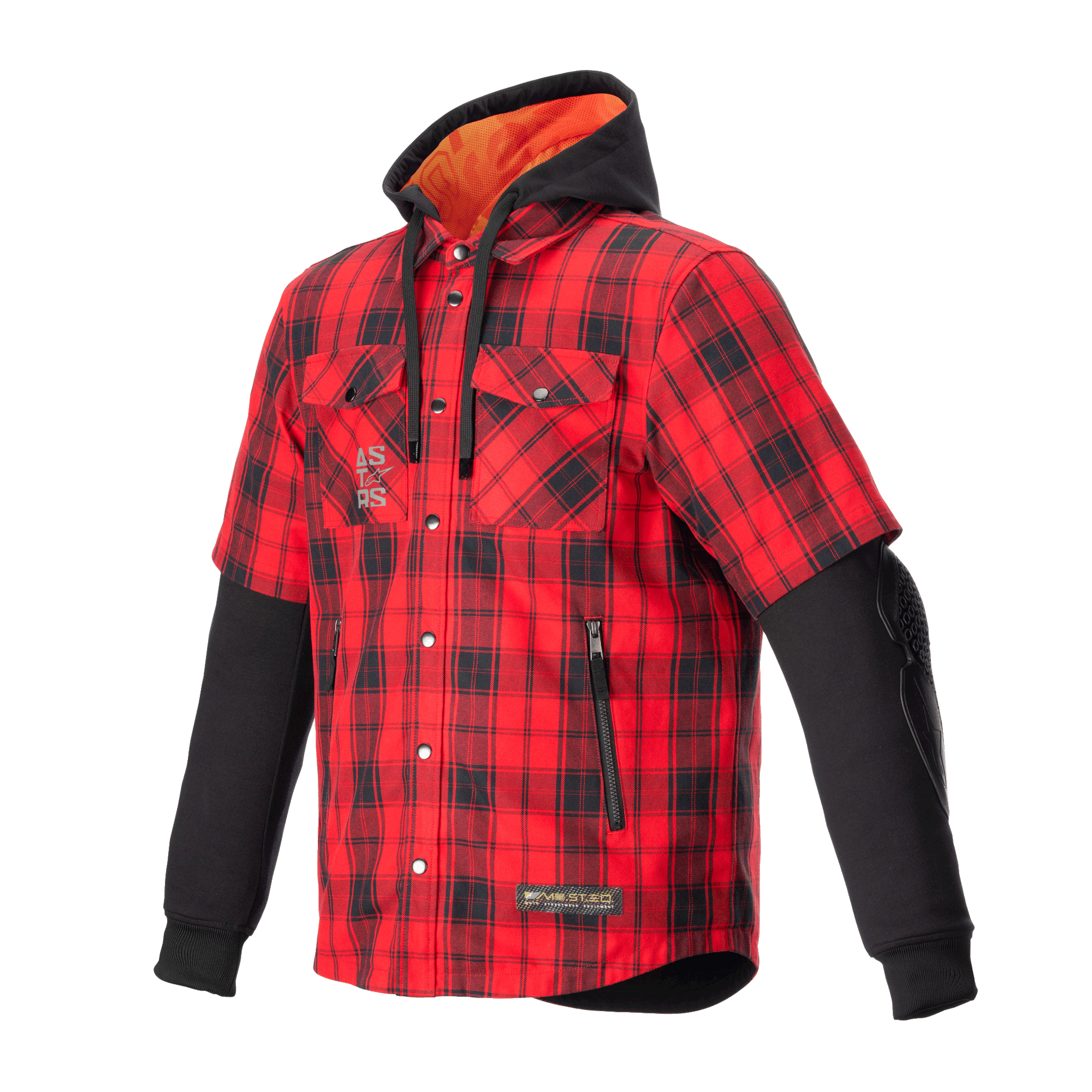 Alpinestars MO.ST.EQ Tartan Shirt, rood en zwart geruit motoroverhemd, hybride ontwerp met korte buitenmouwen en lange zwarte binnenmouwen, zwarte capuchon met oranje mesh voering, drukknoopsluiting aan de voorzijde met handzakken met ritssluiting, urban streetwear beschermende motorkleding