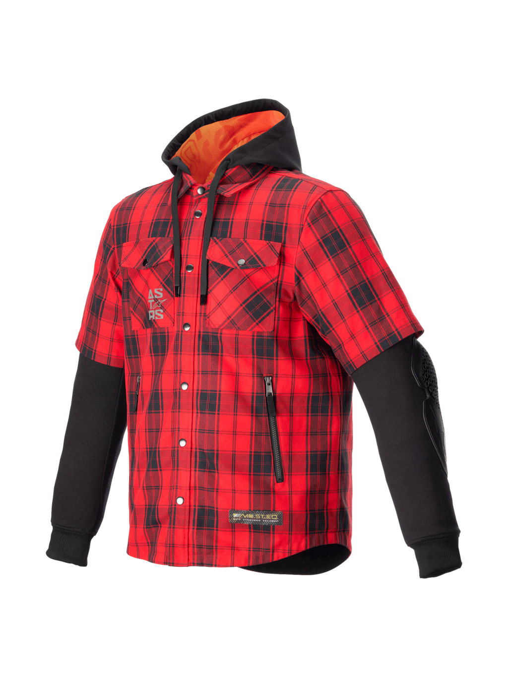 Alpinestars MO.ST.EQ Tartan Shirt, urban herenmotorjas, rood en zwart geruit, met hoodie en CE-gecertificeerde bescherming.