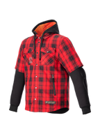 Alpinestars MO.ST.EQ Tartan Shirt, urban herenmotorjas, rood en zwart geruit, met hoodie en CE-gecertificeerde bescherming.