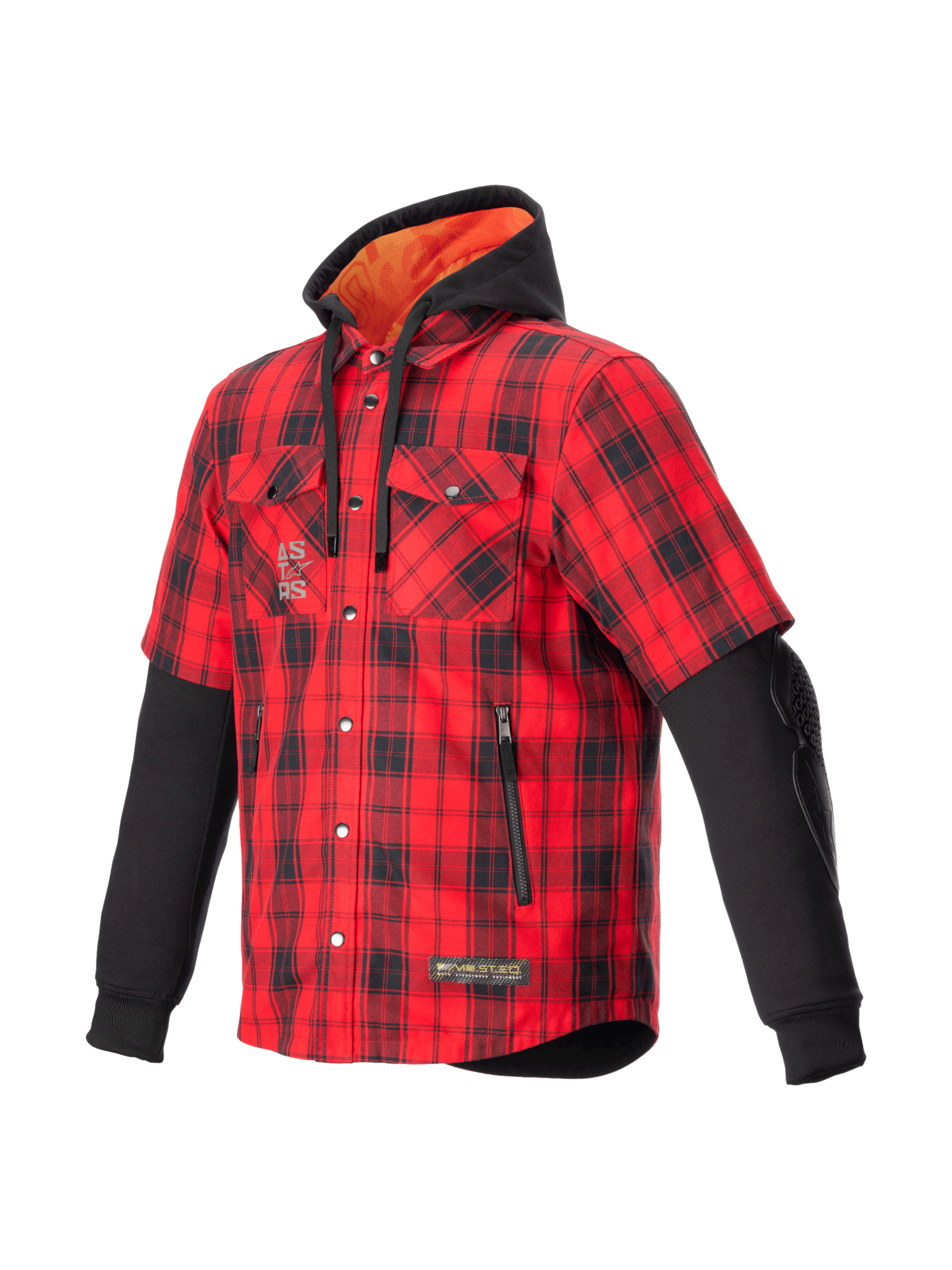 Alpinestars MO.ST.EQ Tartan Shirt, urban herenmotorjas, rood en zwart geruit, met hoodie en CE-gecertificeerde bescherming.