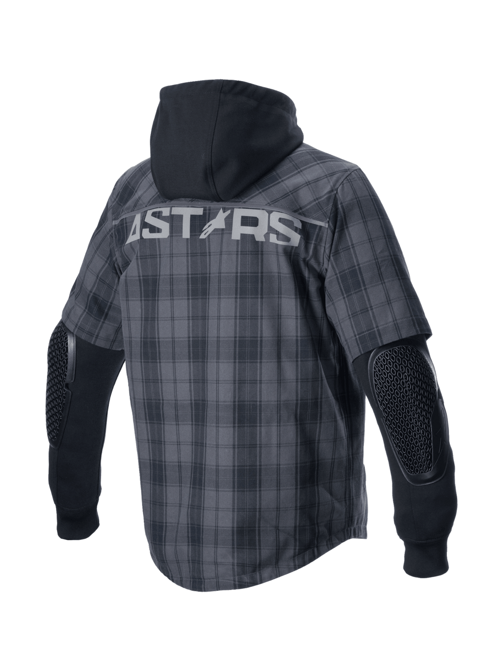 Alpinestars MO.ST.EQ Tartan Shirt, urban motoroverhemd met ruitpatroon in grijs en zwart, rugaanzicht met vaste capuchon, zichtbare elleboogbescherming en ASTARS-logo op de rug, CE-gecertificeerd.