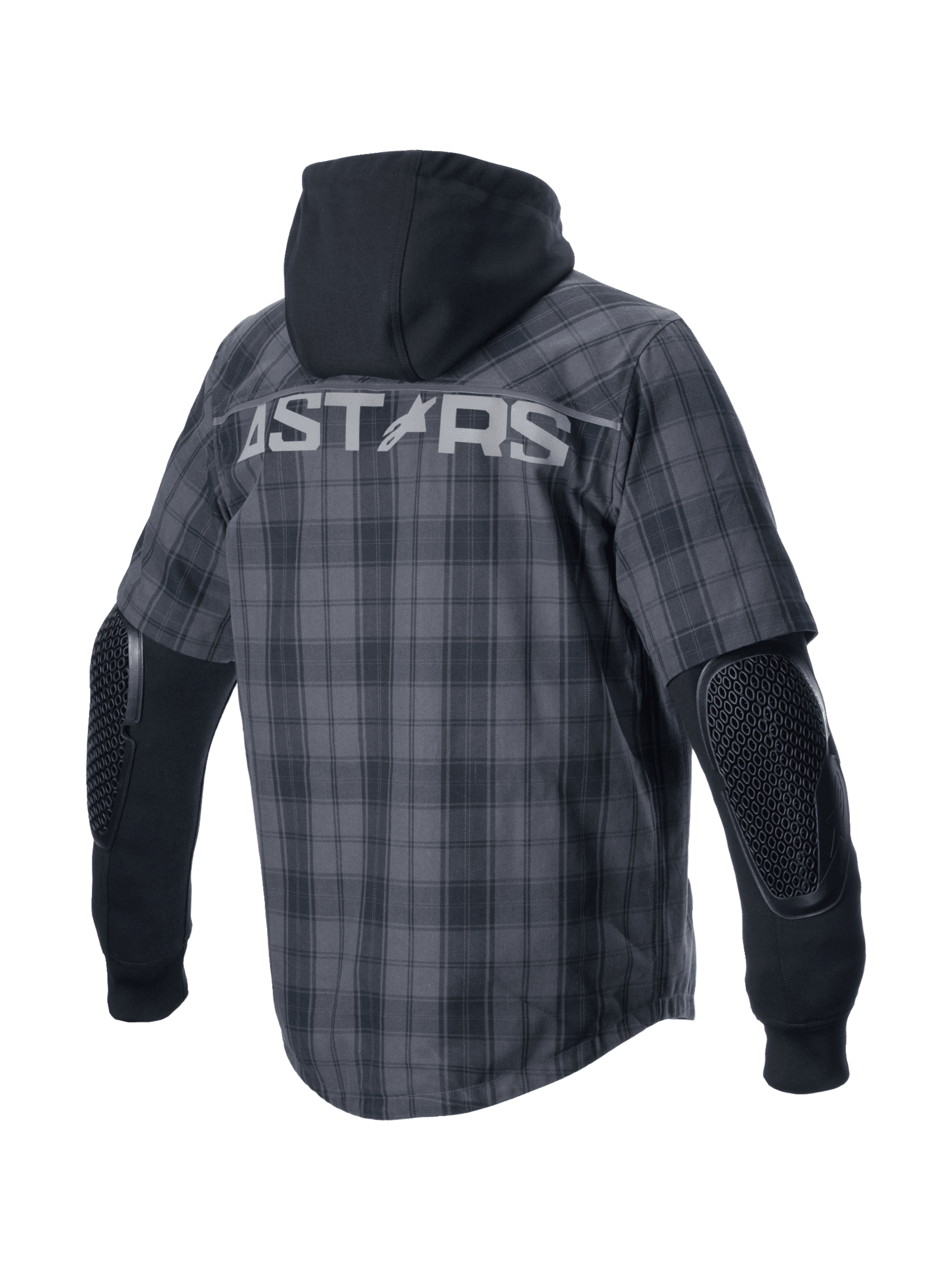 Alpinestars MO.ST.EQ Tartan Shirt, urban motoroverhemd met ruitpatroon in grijs en zwart, rugaanzicht met vaste capuchon, zichtbare elleboogbescherming en ASTARS-logo op de rug, CE-gecertificeerd.