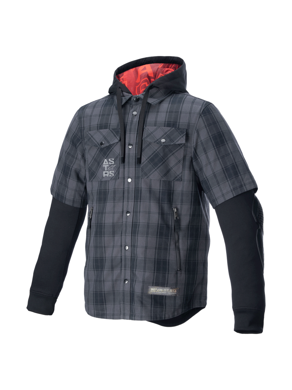 Alpinestars MO.ST.EQ Tartan Shirt, grijs en zwart geruit motorovershirt, urban stijl met rode capuchonvoering en bescherming.