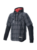 Alpinestars MO.ST.EQ Tartan Shirt, grijs en zwart geruit motorovershirt, urban stijl met rode capuchonvoering en bescherming.