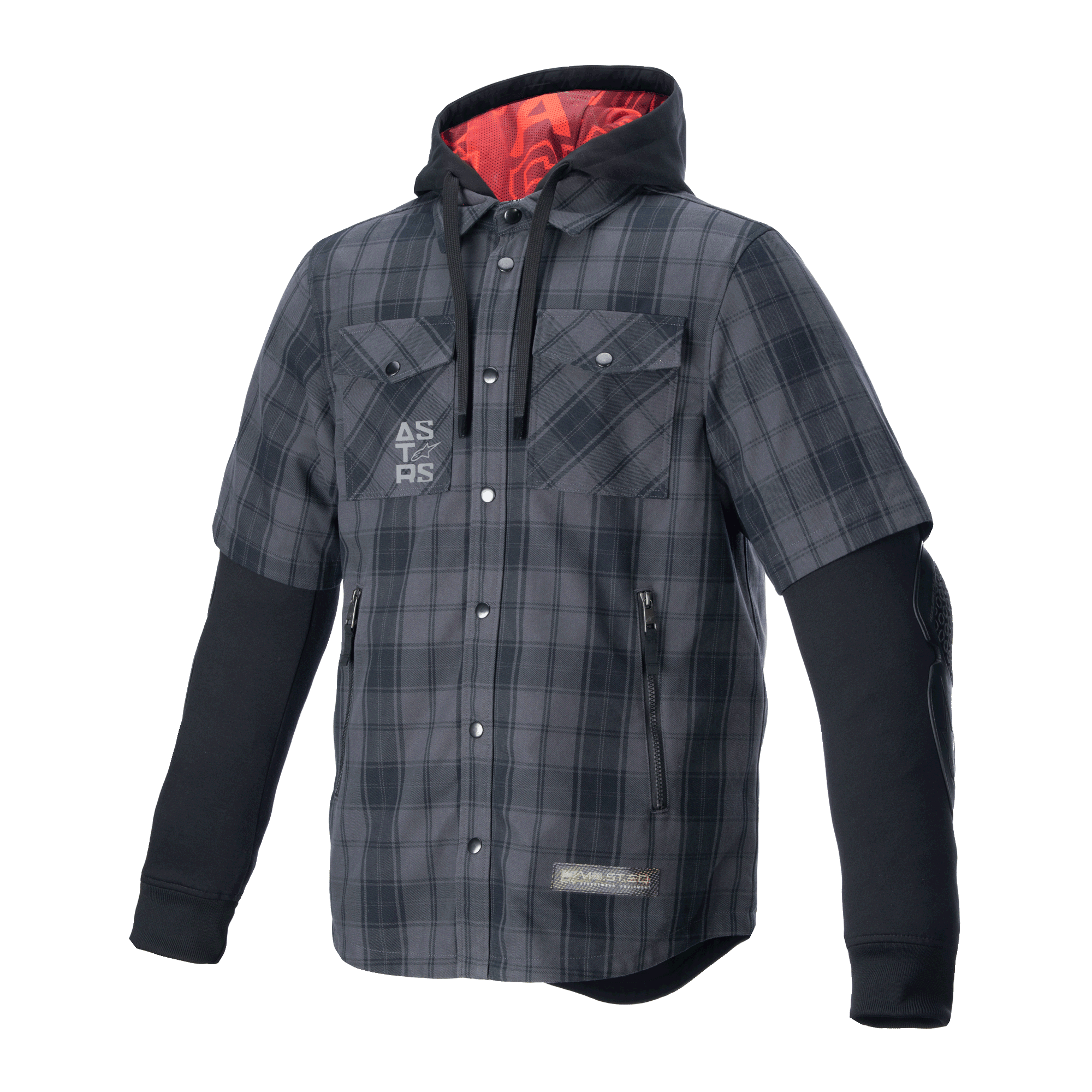 Alpinestars MO.ST.EQ Tartan Shirt, beschermend motoroverhemd-jack, grijs en zwart ruitpatroon, geruite buitenlaag met korte mouwen en geïntegreerde zwarte hoodie met lange mouwen, rode voering in de capuchon, borst- en steekzakken, casual stedelijke motorkleding