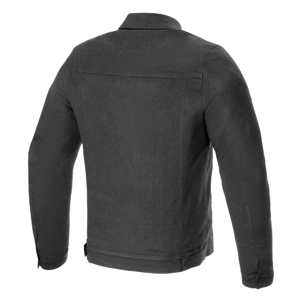 Alpinestars Garage Jacket, achteraanzicht, Smoke Gray, urban denim motorjas, met een horizontale rugpas en verticale naaddetails, op werkkleding geïnspireerde stijl voor op de weg.