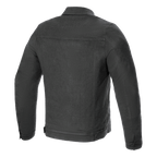 Alpinestars Garage Jacket, achteraanzicht, Smoke Gray, urban denim motorjas, met een horizontale rugpas en verticale naaddetails, op werkkleding geïnspireerde stijl voor op de weg.