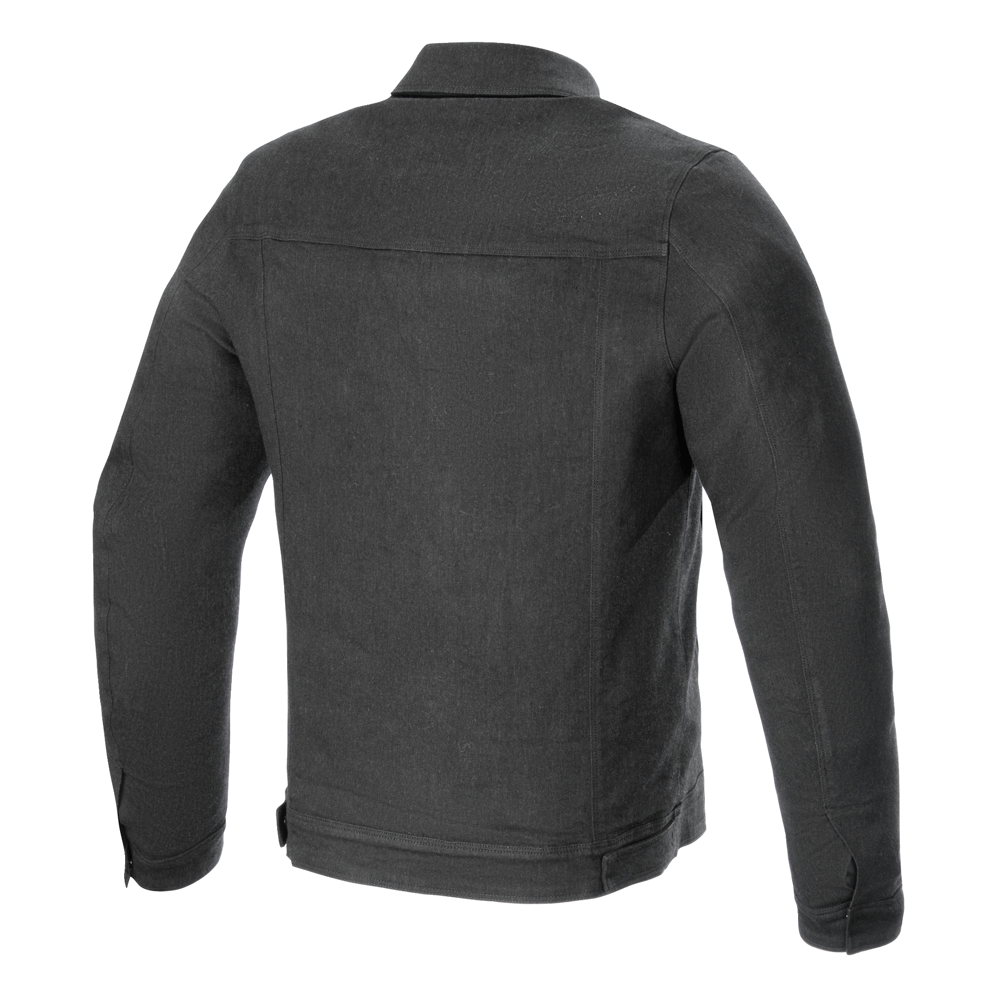 Alpinestars Garage Jacket, achteraanzicht, Smoke Gray, urban denim motorjas, met een horizontale rugpas en verticale naaddetails, op werkkleding geïnspireerde stijl voor op de weg.