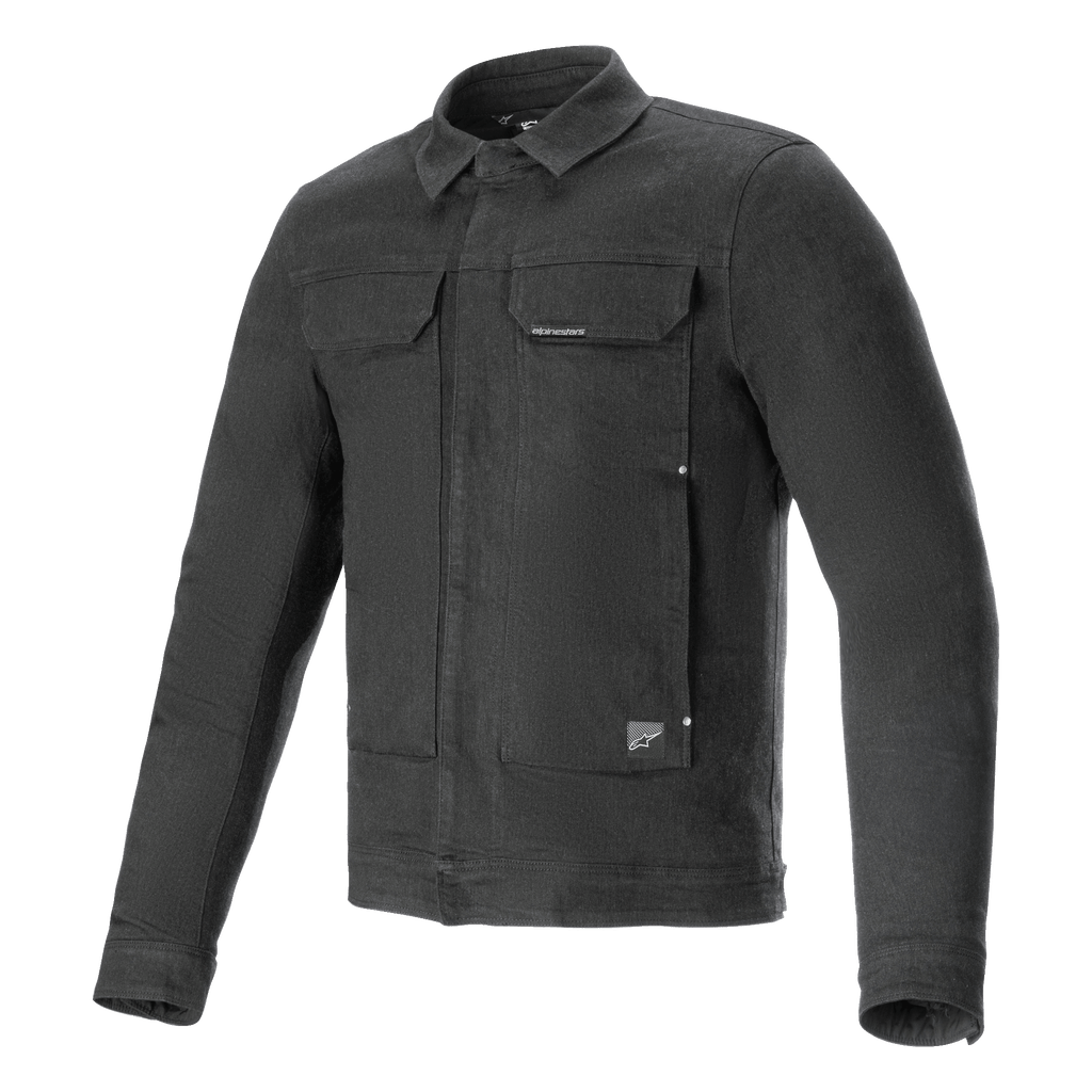 Alpinestars Garage Jacket, motorjas, Smoke Gray, stretch katoenen denim met lange mouwen en een op werkkleding geïnspireerd silhouet, voorzien van borstzakken en subtiele logo-patches, urban casual beschermende kleding