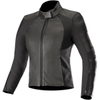 Alpinestars Stella Vika V2 leren jas, dames motorjas, zwart, slanke nauwsluitende pasvorm met hoge kraag en ritssluiting aan de voorzijde, combinatie van glad leer en matte aramide stretch zijpanelen, mouwopeningen met rits, minimalistisch ontwerp voor op de weg