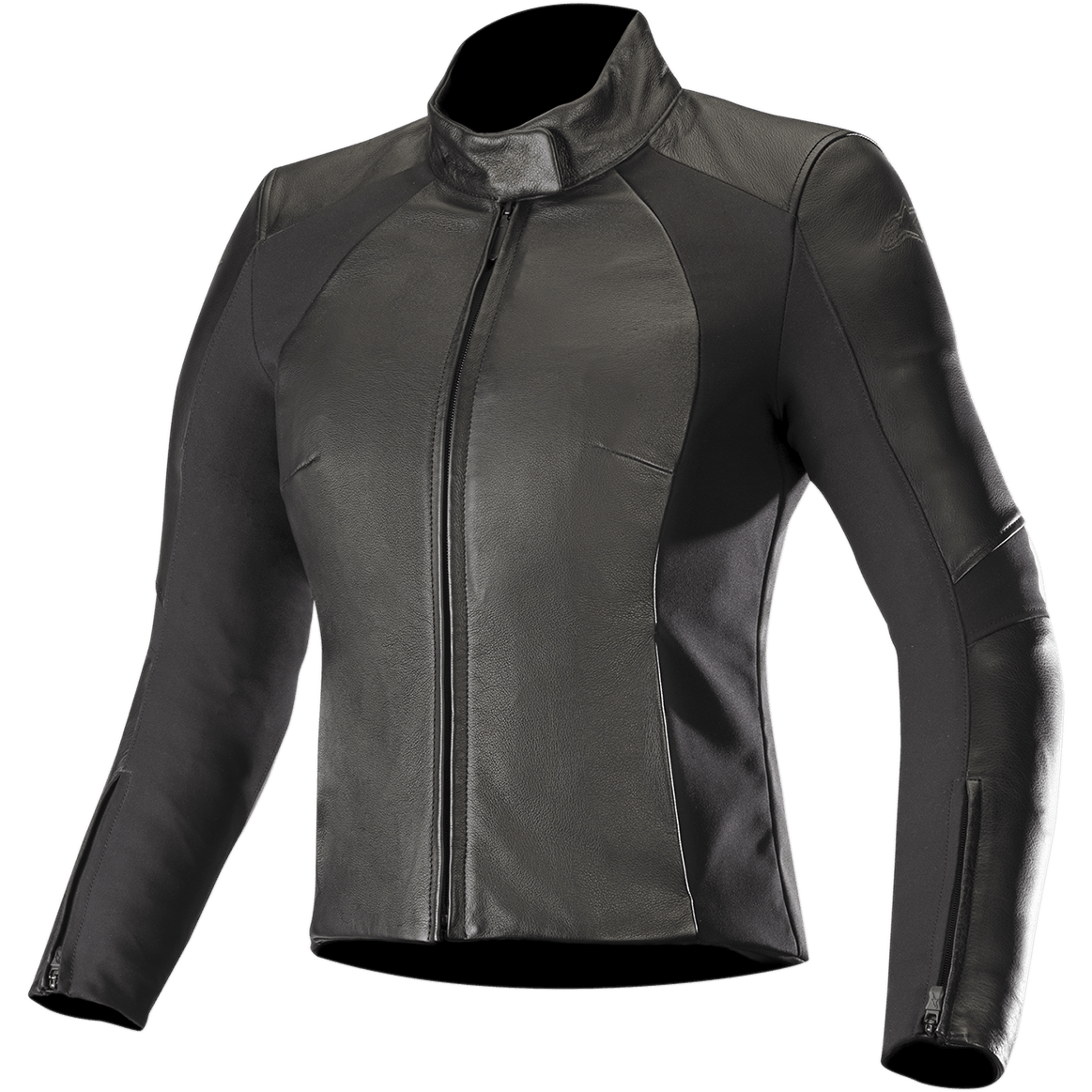 Alpinestars Stella Vika V2 leren jas, dames motorjas, zwart, slanke nauwsluitende pasvorm met hoge kraag en ritssluiting aan de voorzijde, combinatie van glad leer en matte aramide stretch zijpanelen, mouwopeningen met rits, minimalistisch ontwerp voor op de weg