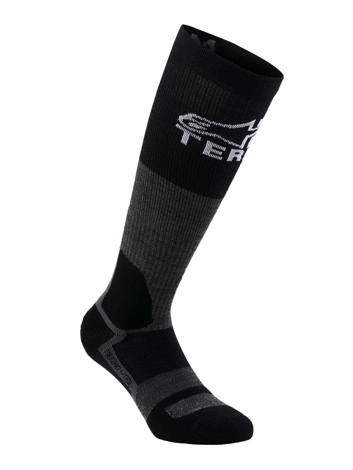 Alpinestars AT-8 Merino Socks, adventure motorcycle riding socks in Tar Gray and Black, featuring thermal merino wool construction and reinforced panels