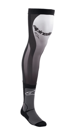 Alpinestars Knee Brace Socks, long motocross riding socks, Black White and Gray, over-the-knee design with stretch Lycra upper, mesh inserts, ribbed ankle padding, and Alpinestars branding on the thigh