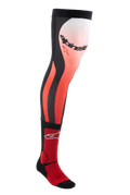 Alpinestars Knee Brace Socks, Long Motocross Riding Socks, Bright Red White and Black, knee-high technical design with gradient pattern and bold branding, ribbed texture for secure fit, specifically engineered for use with off-road boots and knee braces