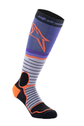Alpinestars MX Pro Socks V2, motorsokken tot de knie, zwart, grijs, paars en oranje, geribde constructie, horizontaal gestreept ontwerp, sportieve rijuitrusting