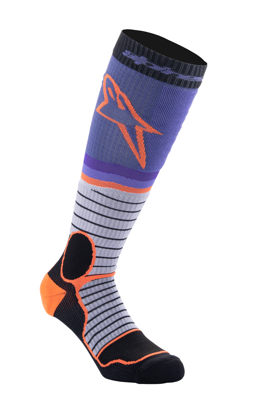 Alpinestars MX Pro Socks V2, motorsokken tot de knie, zwart, grijs, paars en oranje, geribde constructie, horizontaal gestreept ontwerp, sportieve rijuitrusting