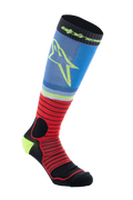 Alpinestars MX Pro Socks V2, motorcross kniesokken, zwart, rood en lichtblauw, geribd atletisch ontwerp met geel sterlogo, vochtafvoerende prestatiestof voor off-road racen