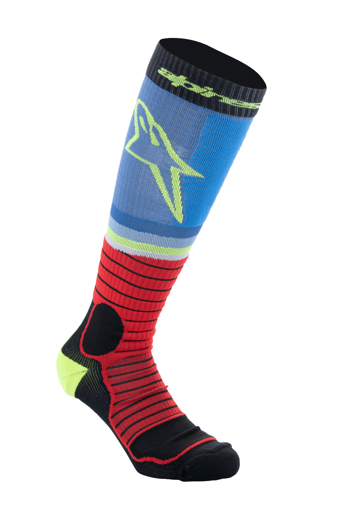 Alpinestars MX Pro Socks V2, motorcross kniesokken, zwart, rood en lichtblauw, geribd atletisch ontwerp met geel sterlogo, vochtafvoerende prestatiestof voor off-road racen