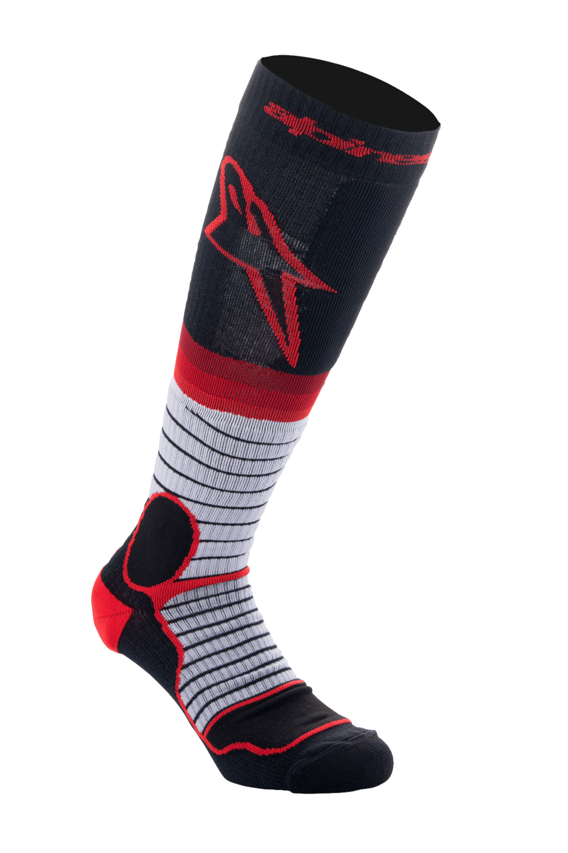 Alpinestars MX Pro Sokken V2, motorcross kniekousen, zwart, grijs en rood, rood Astar-logo op de kuit, grijs middengedeelte met dunne horizontale zwarte strepen, versterkte rode vulling op de hiel en enkel, vochtafvoerende prestatiesokken voor off-road rijden