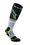 Alpinestars MX Pro Socks V2, motorcross sokken, zwart, grijs en felgeel, kniehoog met horizontaal gestreept ontwerp en groot geel logo, voorzien van verstevigde padding voor off-road motorlaarzen