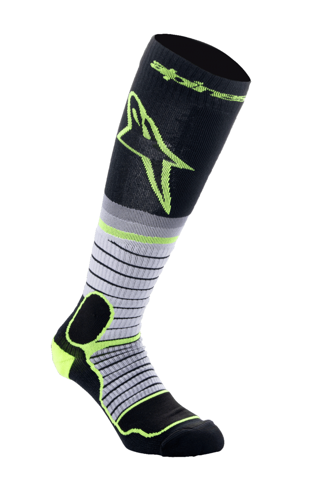 Alpinestars MX Pro Socks V2, motorcross sokken, zwart, grijs en felgeel, kniehoog met horizontaal gestreept ontwerp en groot geel logo, voorzien van verstevigde padding voor off-road motorlaarzen