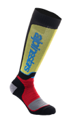 Alpinestars MX Plus sokken, motorcross sokken, zwart, geel en rood met blauwe branding, knielengte ontwerp met ribbeltextuur en versterkte grijze padding, technische off-road performance sokken