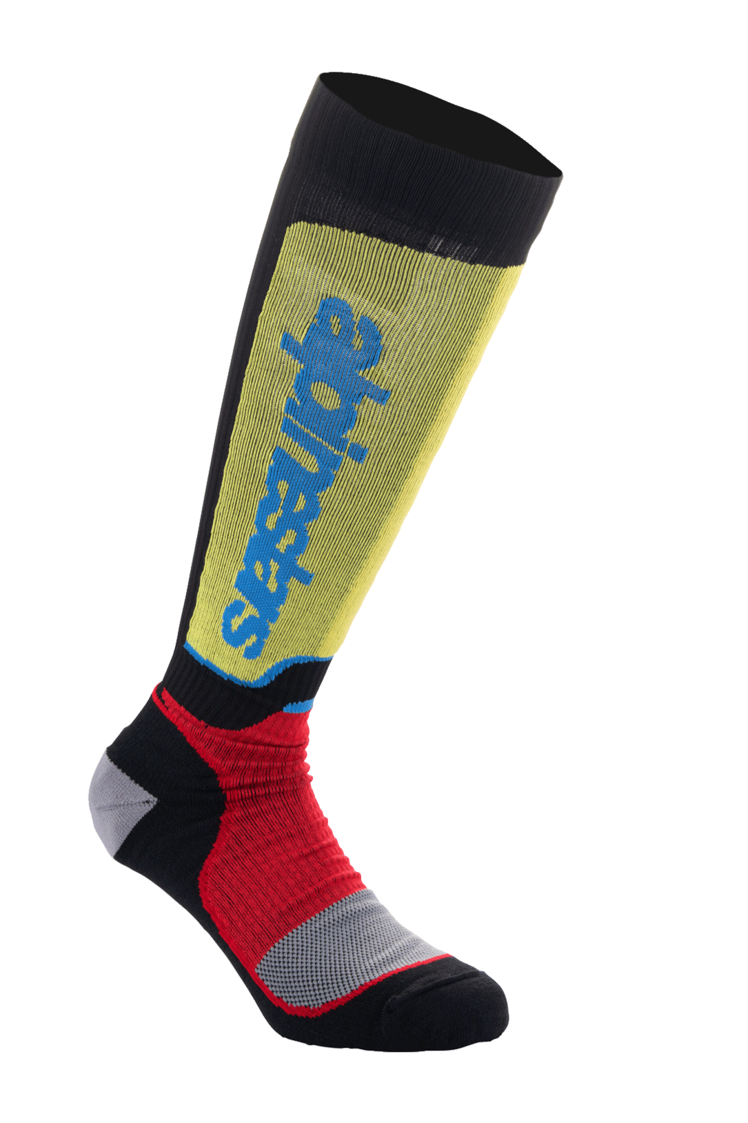 Alpinestars MX Plus sokken, motorcross sokken, zwart, geel en rood met blauwe branding, knielengte ontwerp met ribbeltextuur en versterkte grijze padding, technische off-road performance sokken