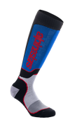 Alpinestars MX Plus sokken, motorcross sokken, zwart, blauw en grijs, met rode Alpinestars-branding, geribbelde textuur voor rekbaarheid, mesh-ventilatiezones en versterkte padding voor off-road comfort