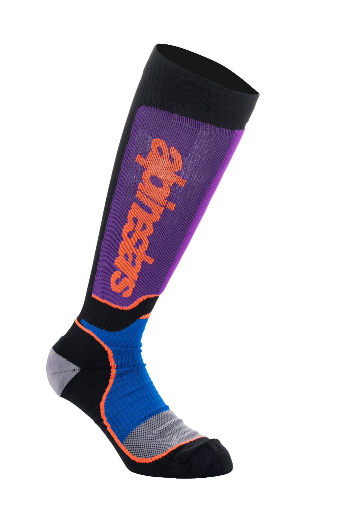Alpinestars MX Plus sokken, motorcross kniesokken, zwart, royal blue en paars, met een paarse geribbelde schacht met een verticaal oranje Alpinestars-logo, royal blue mesh enkelpanelen met oranje accenten en een grijs-zwarte versterkte voet, performance off-road rijuitrusting