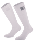 Alpinestars Race V4 sokken, witte kniehoge autoracesokken, geribbelde Nomex-constructie met FIA-certificeringslabel, brandwerend ontwerp voor professionele motorsport