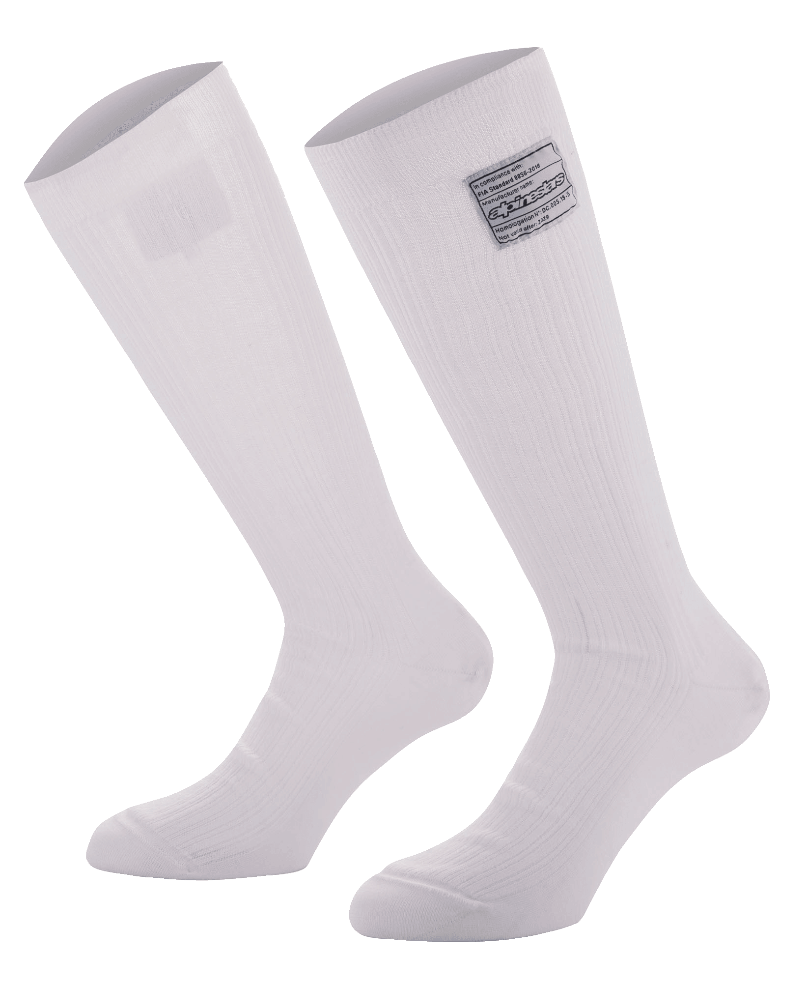 Alpinestars Race V4 sokken, witte kniehoge autoracesokken, geribbelde Nomex-constructie met FIA-certificeringslabel, brandwerend ontwerp voor professionele motorsport