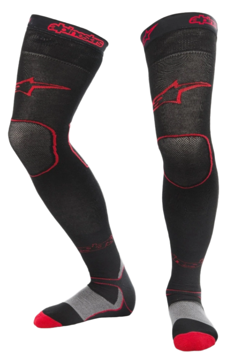 Alpinestars MX Long Tech dikke sokken, motorcross sokken, zwart en rood, dijbeenlengte met rode branding, grijze en rode details op de zool, technische stof ontworpen voor off-road racing en motorcrosslaarzen