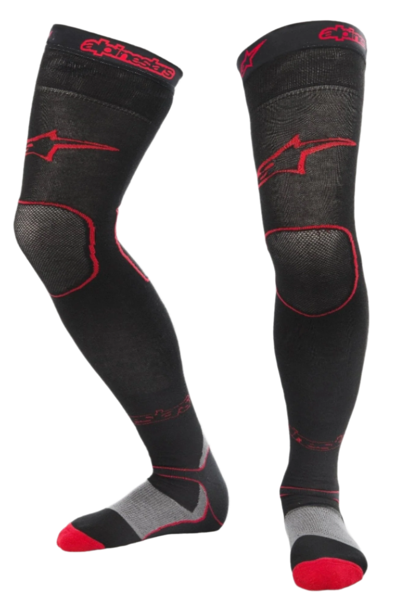 Alpinestars MX Long Tech dikke sokken, motorcross sokken, zwart en rood, dijbeenlengte met rode branding, grijze en rode details op de zool, technische stof ontworpen voor off-road racing en motorcrosslaarzen