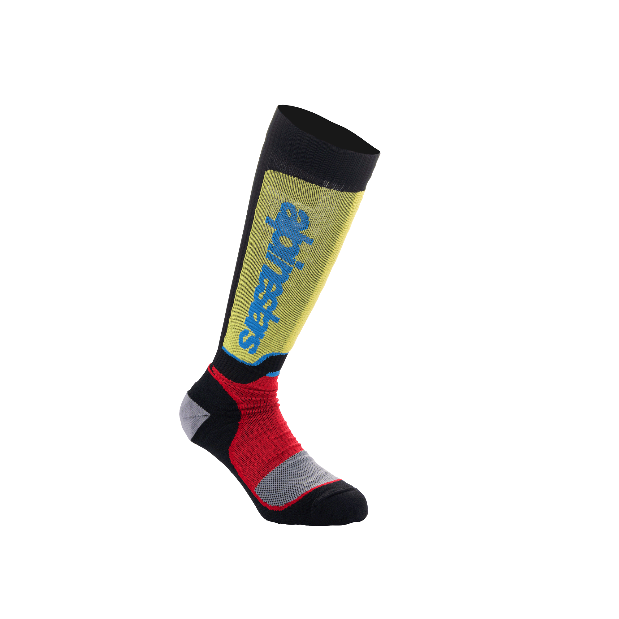 Alpinestars Youth MX Plus sokken, motorcross sokken, zwart met gele, rode en lichtblauwe accenten, kniehoog, voorzien van een geribbelde constructie en verticale Alpinestars-branding op het scheenbeen