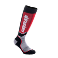 Alpinestars Youth MX Plus sokken, motorcross rijsokken, zwart, grijs en rood, met verticaal wit logo op een rood scheenpaneel, technische enkellaagse constructie met ademende mesh-zones, ontworpen voor off-road motorlaarzen