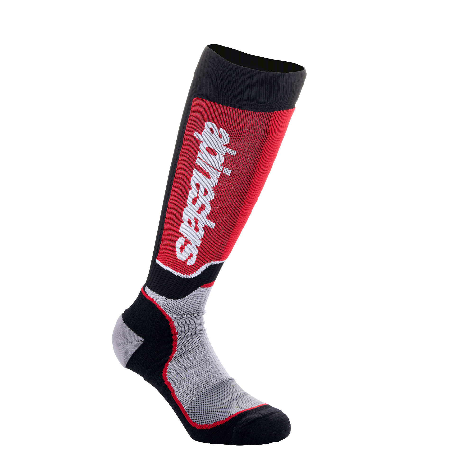 Alpinestars Youth MX Plus sokken, motorcross rijsokken, zwart, grijs en rood, met verticaal wit logo op een rood scheenpaneel, technische enkellaagse constructie met ademende mesh-zones, ontworpen voor off-road motorlaarzen
