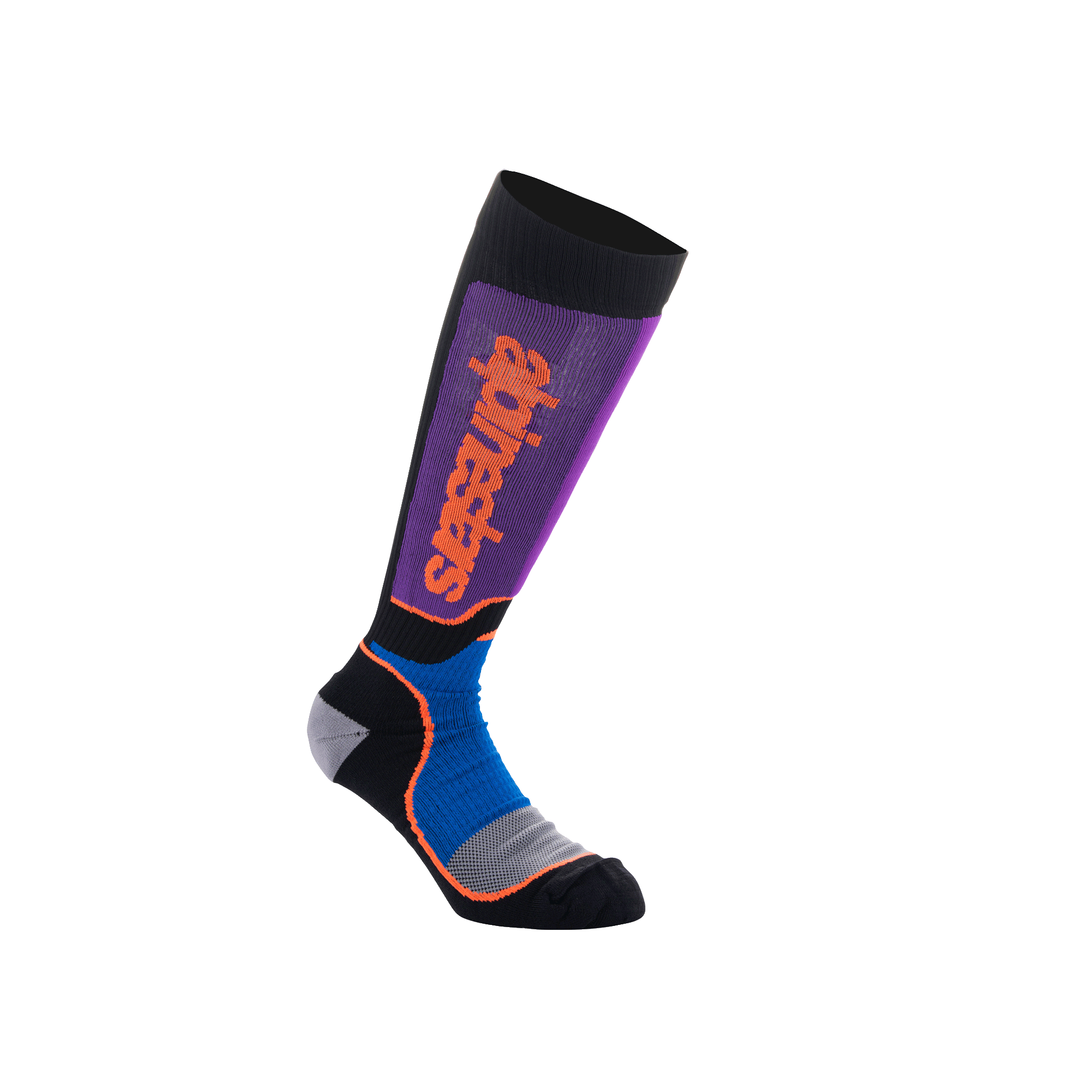 Alpinestars Youth MX Plus sokken, kniehoge motocross sokken, zwart, koningsblauw en paars met oranje branding, voorzien van een geribbelde constructie en versterkte hiel en teen voor off-road rijden