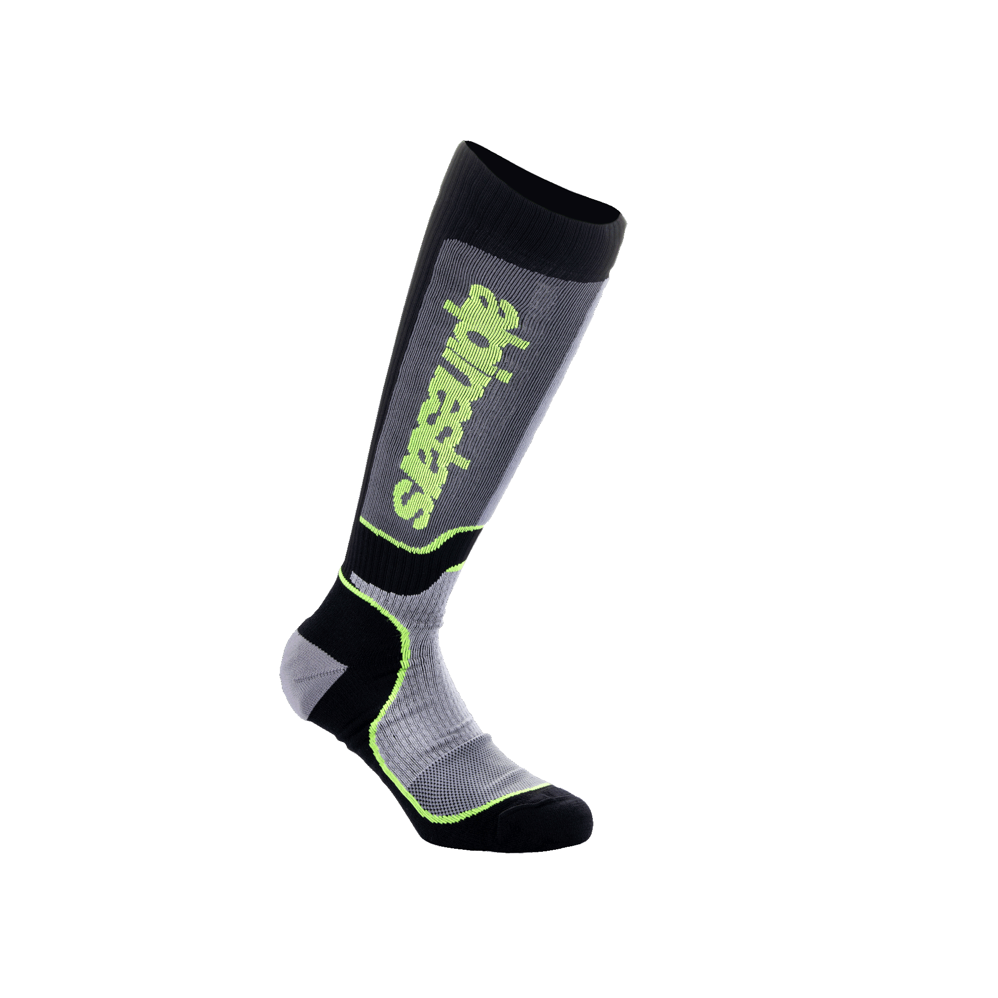 Alpinestars Youth MX Plus sokken, motorcross rijsokken voor de jeugd, zwart, grijs en geel fluo, kniehoog performance-ontwerp met geribbelde constructie en Alpinestars-logo, voor off-road motorraces