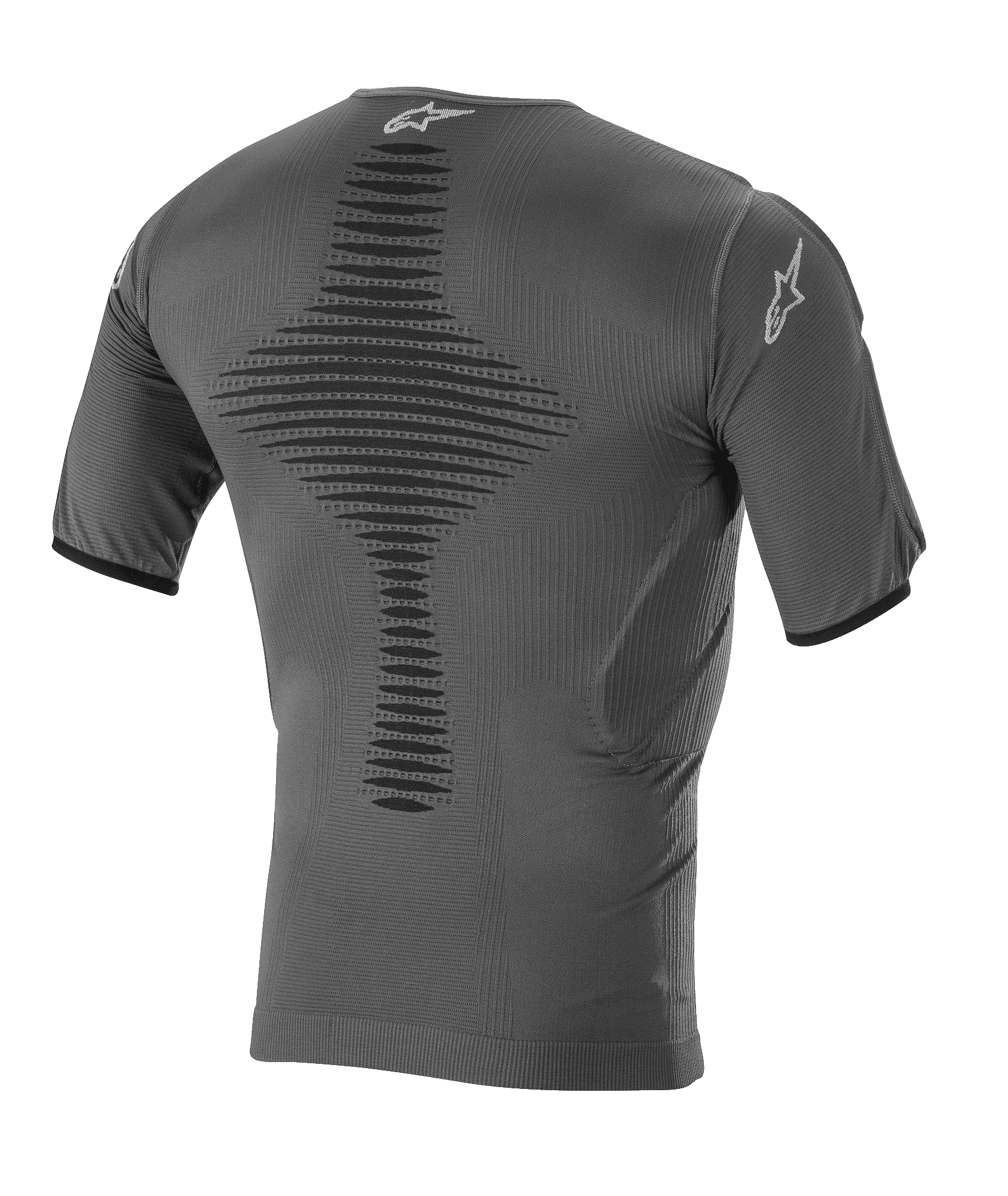 Alpinestars Roost Basislaag Top, motocross basislaag, antraciet zwart, achteraanzicht met gebreide ademende constructie, getextureerde centrale ventilatiezone, korte mouwen en Alpinestars sterlogo op de kraag en mouw