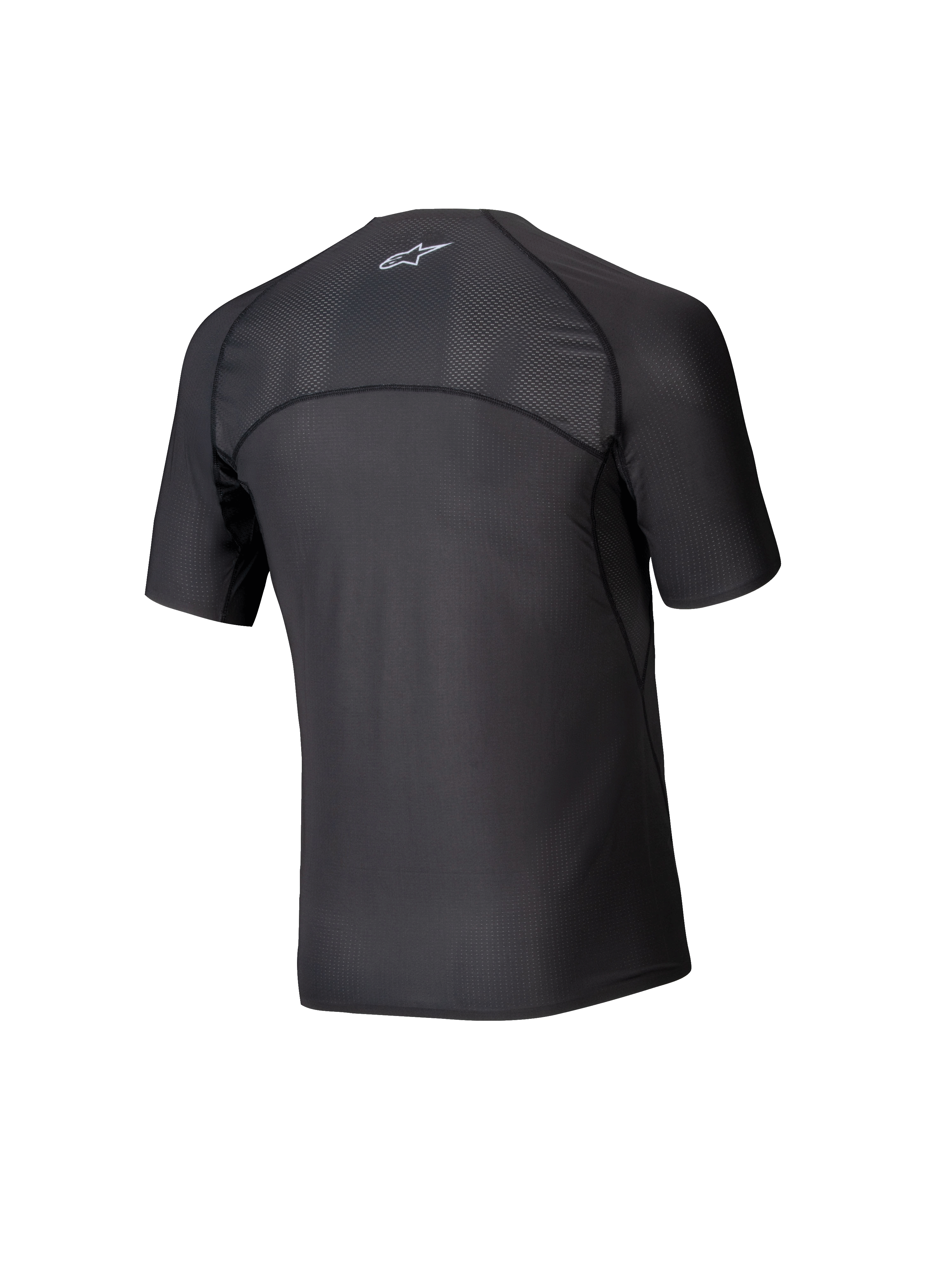 Alpinestars Tech KX Sim Top, Short Sleeve Karting Base Layer, Black, back view showing breathable mesh panels on the shoulders and upper back, ergonomic seam construction, moisture-wicking performance fabric