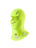 Alpinestars ZX Evo V3 Balaclava, Auto Racing Headgear, Yellow Fluo, featuring black star logos on the forehead and chin, FIA and SFI certification labels on the neck, lightweight flame-resistant material with a hydration tube opening