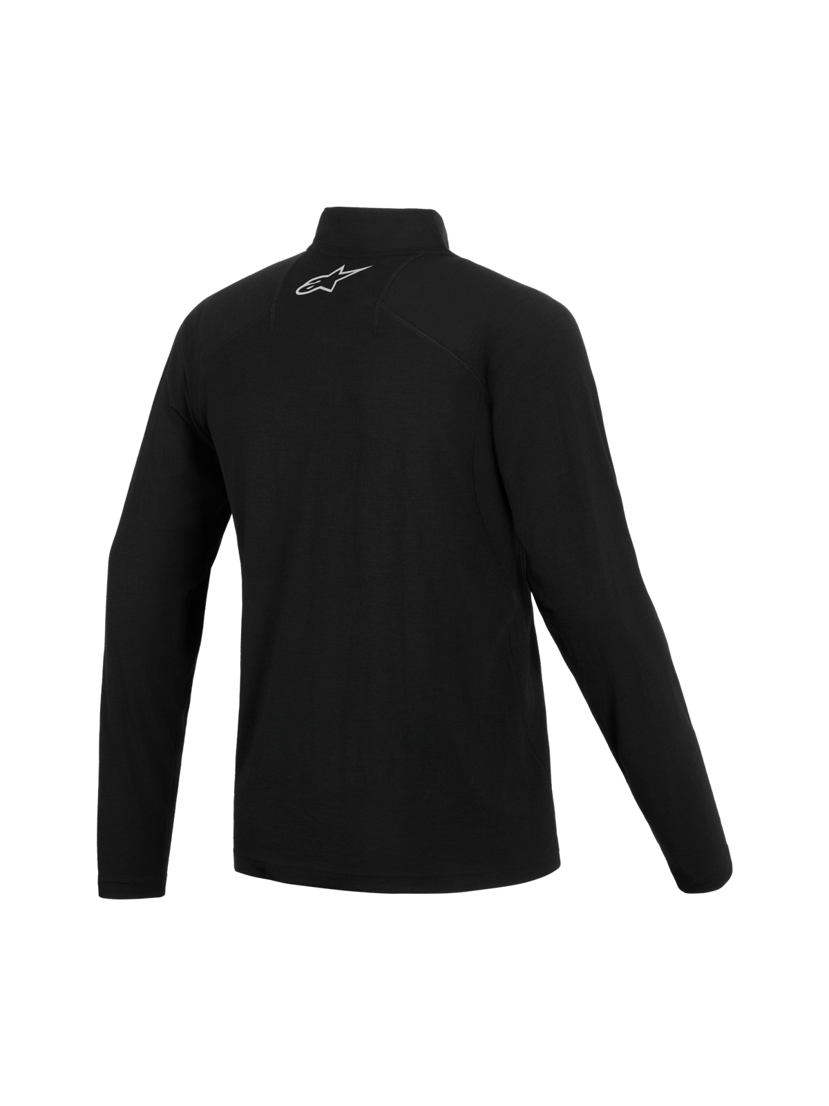 Alpinestars At 8 Merino Top Layer, zwarte motor-basislaag met lange mouwen, merinowolmix, achteraanzicht met kraag en logo